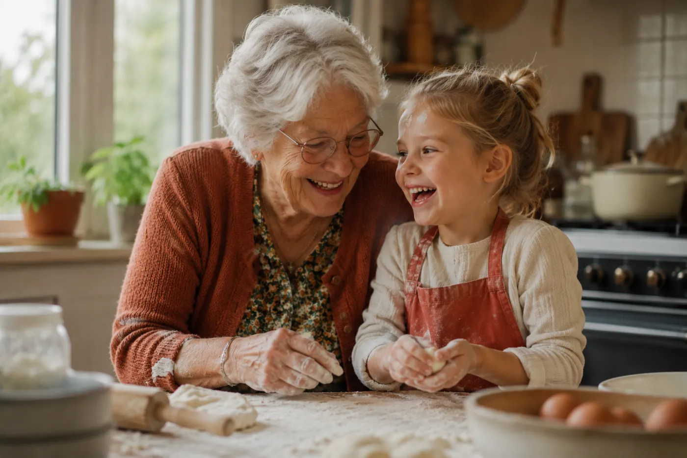 A grandmother baking with her granddaughter in the kitchen