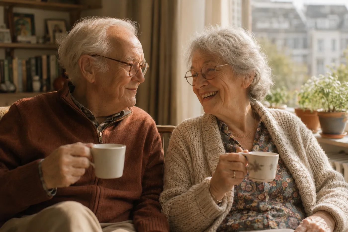 An older couple having coffee together