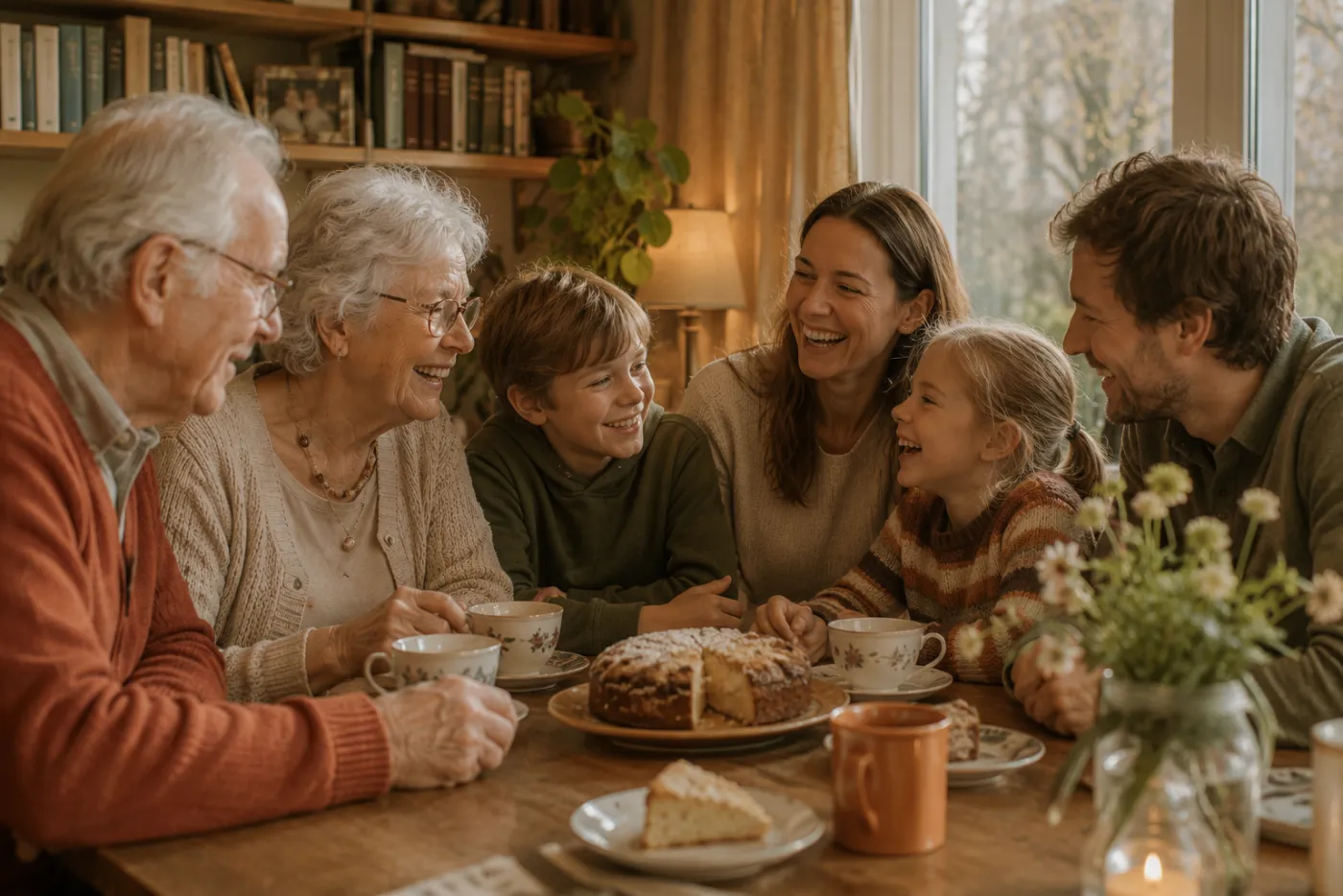Three generations at the kitchen table with coffee and cake