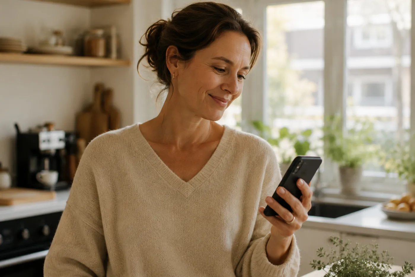 A woman smiling at her phone in the kitchen