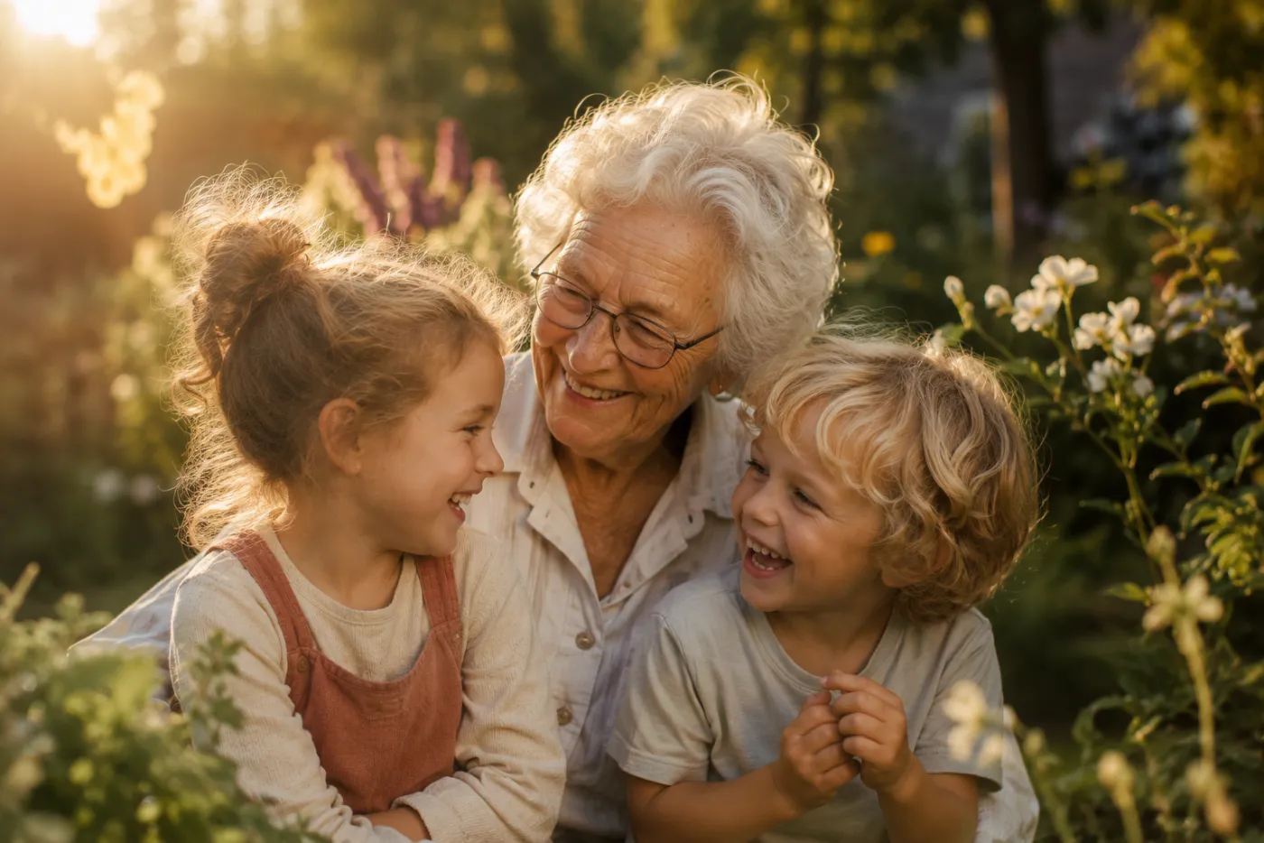 A grandmother laughing with her grandchildren in the garden