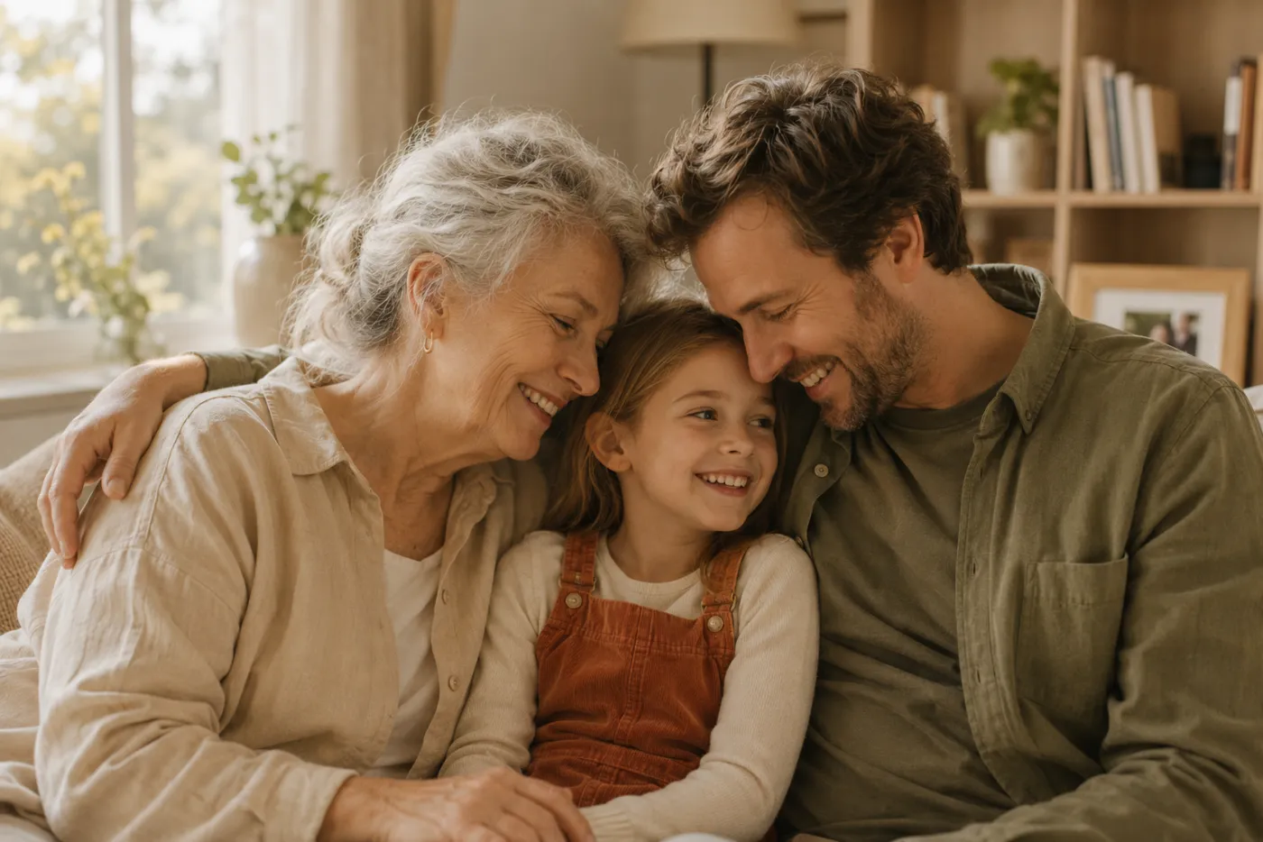 A grandmother, her son and her granddaughter together on the sofa