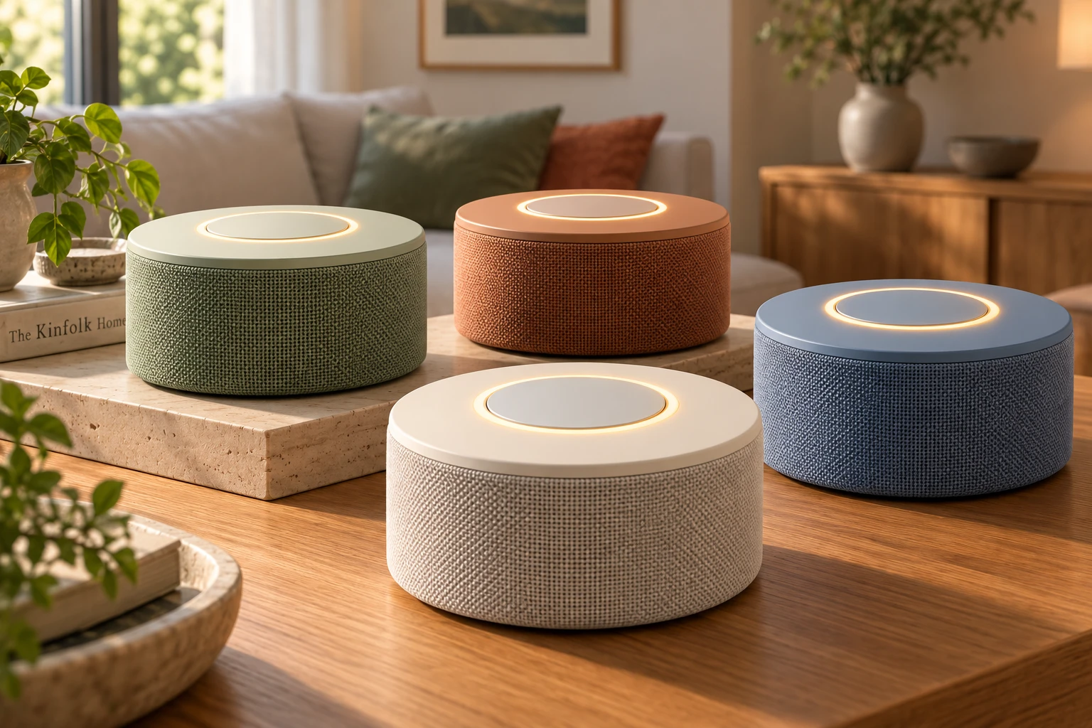 Vier Babbls op een salontafel in een lichte woonkamer: rond en laag, met stoffen bekleding in saliegroen, terracotta, ivoor en blauw, en een oplichtende ring rond de knop op de bovenkant.
