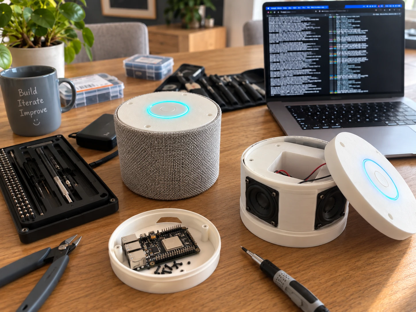 Twee Babbl-prototypes op een houten werktafel: een ronde Babbl met grijze stoffen bekleding en een oplichtende ring op de bovenkant, en een geopende Babbl met zichtbare luidsprekers en bedrading. Ervoor ligt het losse elektronicabord, eromheen gereedschap en een laptop.
